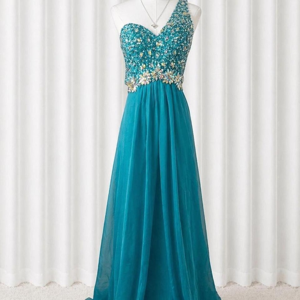 Y2K emerald green beaded one shoulder prom dress